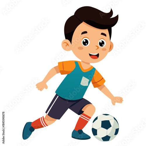 Young boy kicking soccer ball with joy and energy