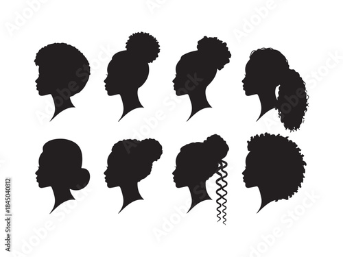 Set of silhouette afro girl. Collection of black woman face with stylized hairstyle. 