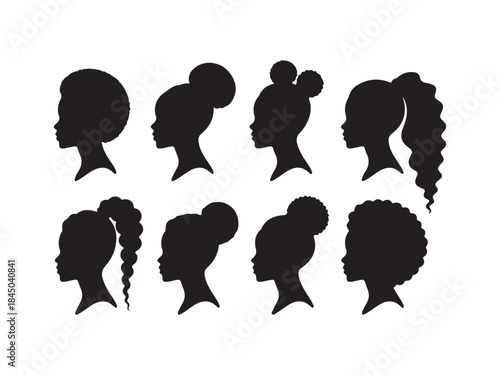 Set of silhouette afro girl. Collection of black woman face with stylized hairstyle. 