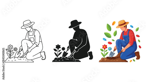 Gardener planting flowers in soil, set of three styles outline, silhouette and color illustration