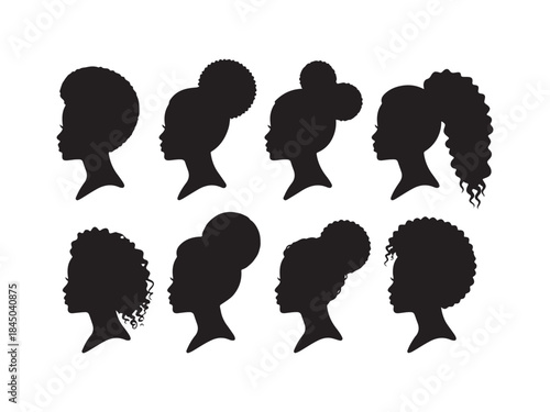 Set of silhouette afro girl. Collection of black woman face with stylized hairstyle. 