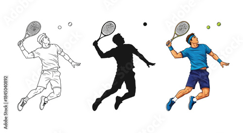 Three styles of a male tennis player serving a ball line art, silhouette and full color illustration