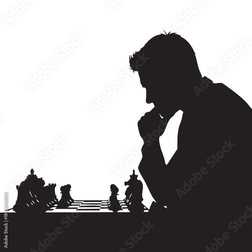Pensive man playing chess silhouette illustration of a thoughtful person engaged in a strategy board game isolated on white background
