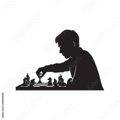 Young man playing chess silhouette illustration of a person making a move in a strategy board game isolated on white background