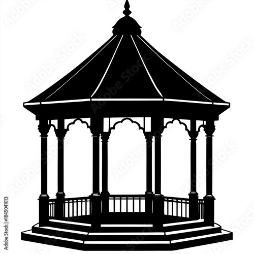 A black and white silhouette of a gazebo is centered against a stark white background. The gazebo is octagonal with a detailed, pointed roof. The roof has eight sloping segments meeting at a central f