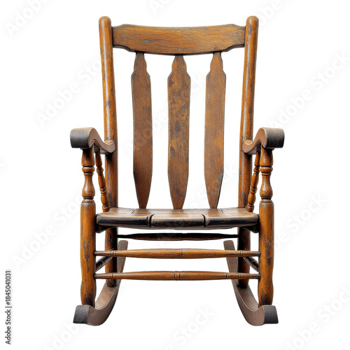 Antique wooden rocking chair with carved details and a distressed finish isolated on white background