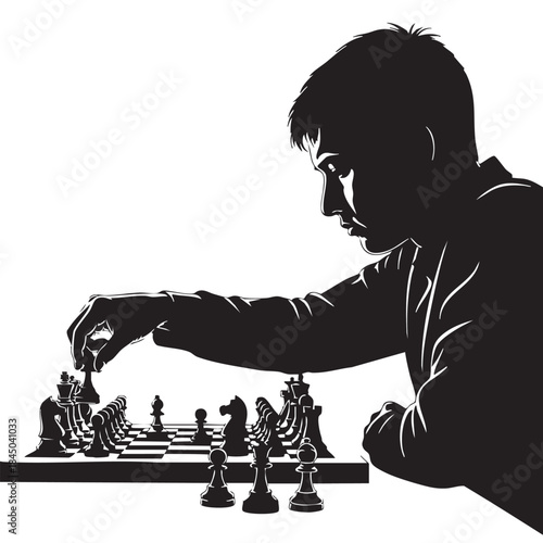Serious man playing chess silhouette illustration of a focused person making a decisive move in a strategy game isolated on white background