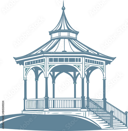 A black and white silhouette of a gazebo is centered against a stark white background. The gazebo is octagonal with a detailed, pointed roof. The roof has eight sloping segments meeting at a central f