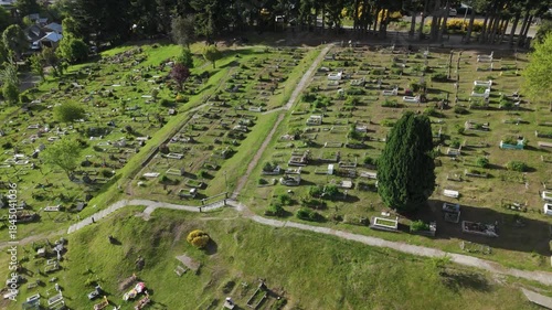 Aerial view of the cemetery in Villa La Angostura, Patagonia, Argentina, surrounded by forest and greenery. The image evokes themes of death, remembrance, religion, spirituality, and peaceful 