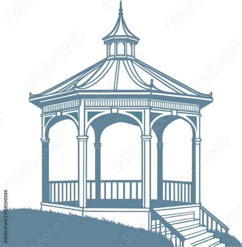 A black and white silhouette of a gazebo is centered against a stark white background. The gazebo is octagonal with a detailed, pointed roof. The roof has eight sloping segments meeting at a central f