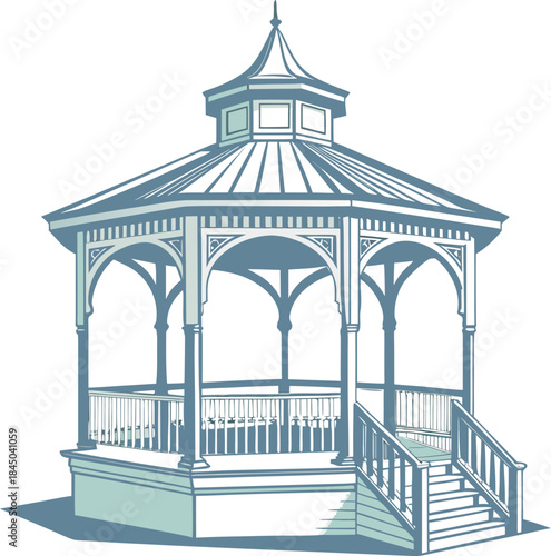 A black and white silhouette of a gazebo is centered against a stark white background. The gazebo is octagonal with a detailed, pointed roof. The roof has eight sloping segments meeting at a central f
