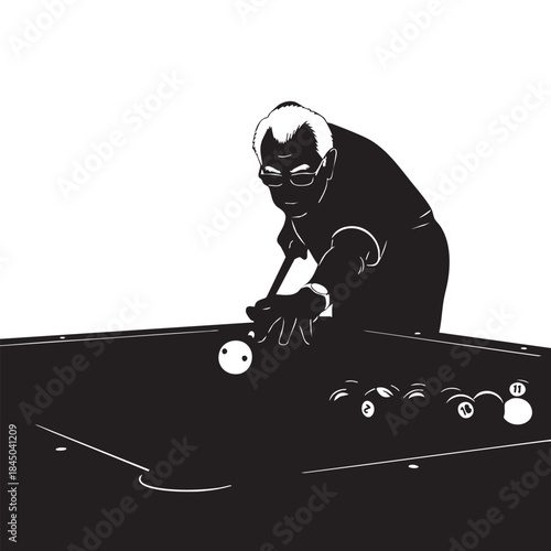 Elderly Man Playing Billiards Concentrating on Shot with Cue Ball and Multiple Object Balls on Pool Table Black White Vector