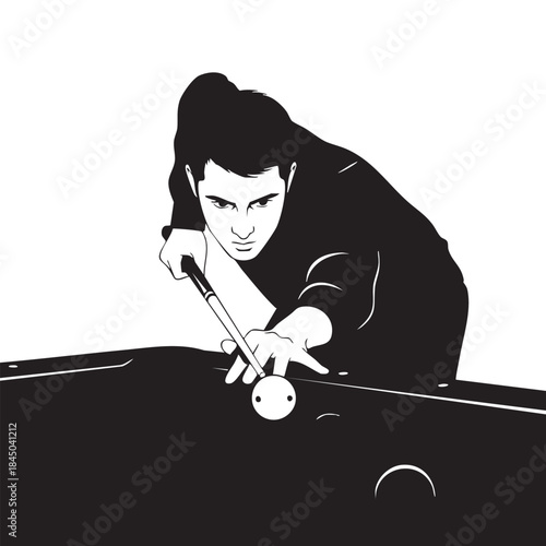 Focused Billiards Player Lining Up Shot with Cue Ball on Pool Table Man Concentrating on Game Artistic Black White Vector Illustration