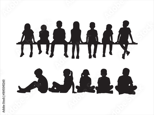 Children silhouette on bench with enthusiastic hand gestures vector illustration,. 