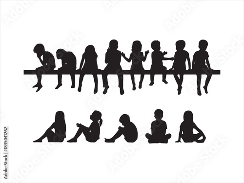 Children silhouette on bench with enthusiastic hand gestures vector illustration,. 
