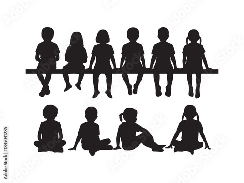 Children silhouette on bench with enthusiastic hand gestures vector illustration,. 