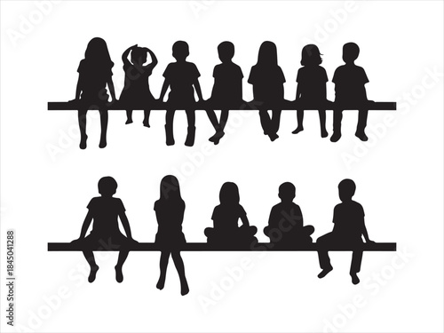 Children silhouette on bench with enthusiastic hand gestures vector illustration,. 
