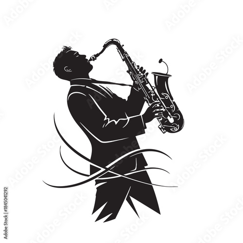 Energetic Saxophone Player Silhouetted Man Performing with Wind Instrument Stylized Black and White Vector Artwork