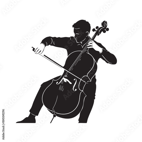 Cellist Playing Cello Elegant Silhouette of Man with Bow and String Instrument Classical Performance Artistic Vector Illustration