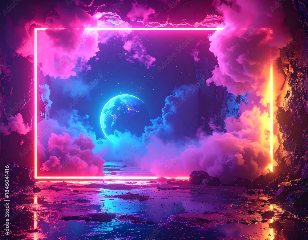 Fototapeta premium Surreal neon-lit dreamscape with a vibrant frame and celestial orb