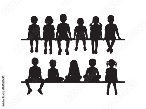 Children silhouette on bench with enthusiastic hand gestures vector illustration,. 