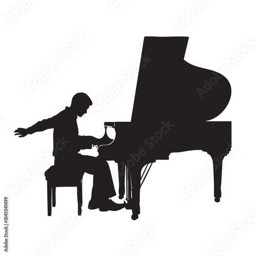 Dynamic silhouette of a male pianist performing on a grand piano, capturing the artistic movement and skill of a musician during a live concert, ideal for event promotion or educational content
