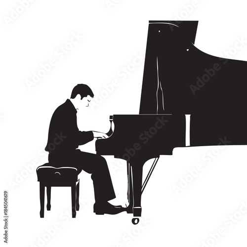 Solo Pianist Playing Grand Piano Musical Performance Silhouette Vector Art Man Performing Classical Instrumental Composition on Stage
