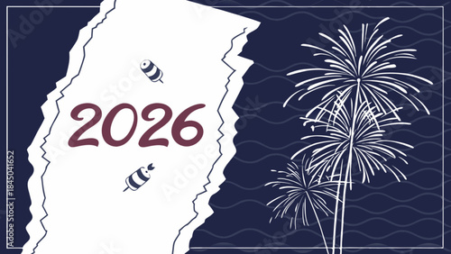 New year's eve celebration with fireworks and sparklers on a dark background with a large white torn paper with 2026 text
