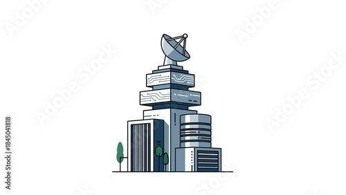 Modern Communication Tower with Satellite Dish and Buildings.