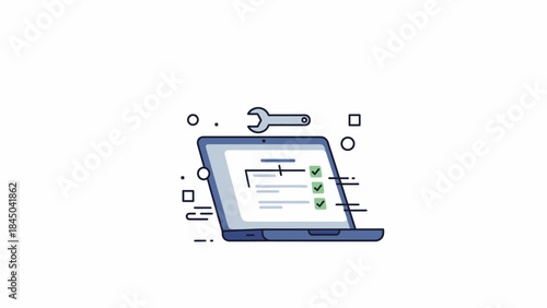 Laptop with wrench and checklist symbolizing IT support and maintenance services.