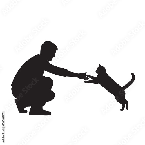 Man Reaching for Cat Silhouette Interaction Pet Lover Animal Friendship Bonding Human Feline Connection Black White Vector Art
