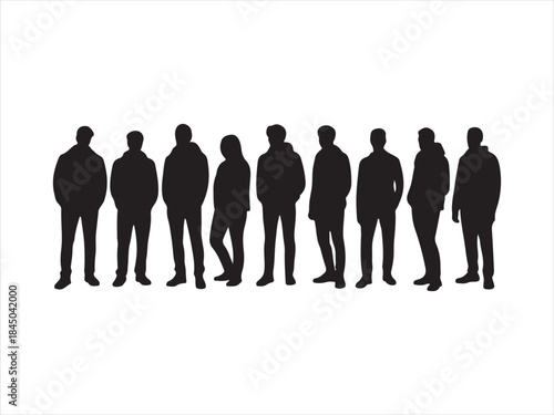 People standing in row silhouette vector, Diverse group of people standing together in silhouette vector ill
