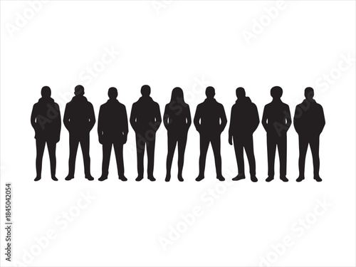 People standing in row silhouette vector, Diverse group of people standing together in silhouette vector ill