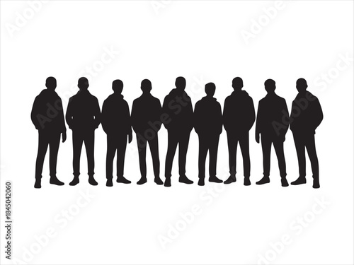 People standing in row silhouette vector, Diverse group of people standing together in silhouette vector ill