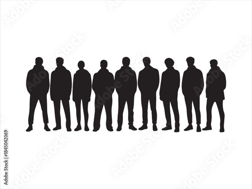 People standing in row silhouette vector, Diverse group of people standing together in silhouette vector ill