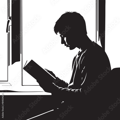 Young Man Reading Book by Window Silhouette Vector Illustration Concentrated Figure Indoor Education Learning Concept