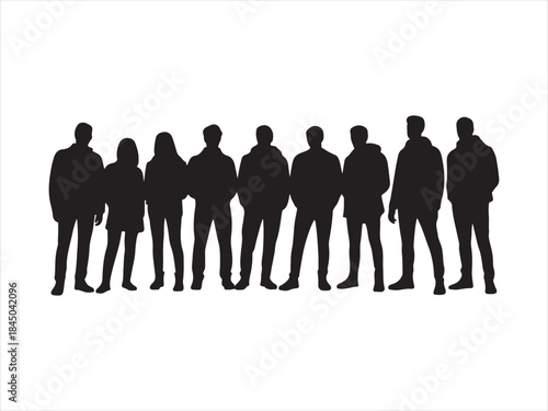 People standing in row silhouette vector, Diverse group of people standing together in silhouette vector ill