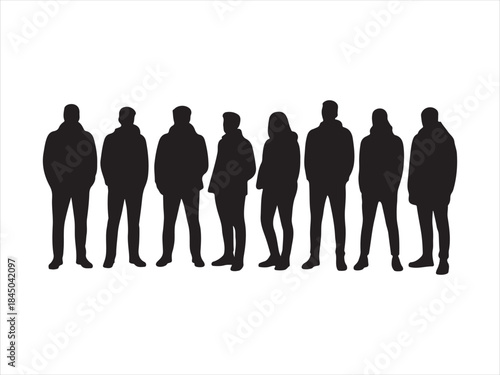 People standing in row silhouette vector, Diverse group of people standing together in silhouette vector ill