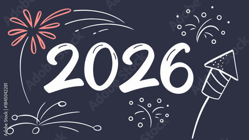 2026 new year celebration with colorful fireworks and party popper on dark background