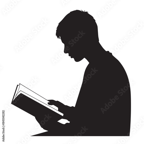 Silhouette vector of young boy focused on reading an open book, concept of education, knowledge, student, and learning