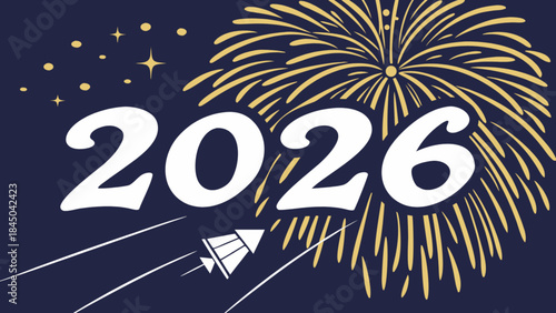 Vibrant fireworks explode in nighttime sky with rocket flying towards 2026