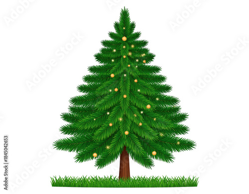 christmas tree with gift boxes, red balls isolated on white.