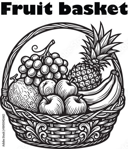 Fruit basket line drawing with pineapple grapes melon banana and apples for coloring page and food education design