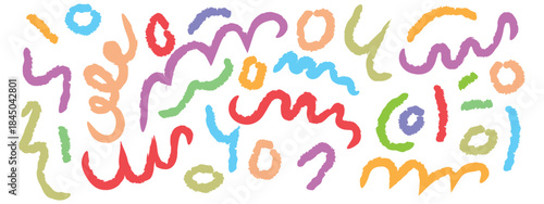 Abstract colorful squiggles and shapes, vibrant doodle pattern. Hand drawn curved brush strokes and dots collection. Messy doodles, vector bold curvy lines symbol. vector illustration.