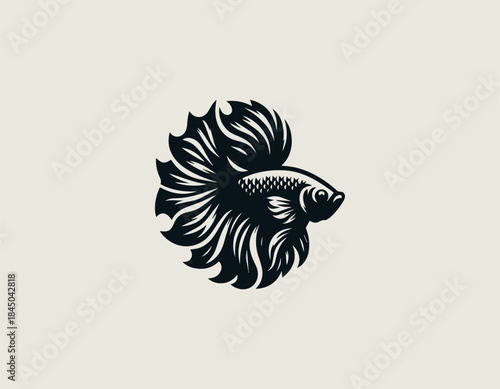 Elegant monstera leaf and betta fish combination represents nature harmony in a modern black vector logo illustration