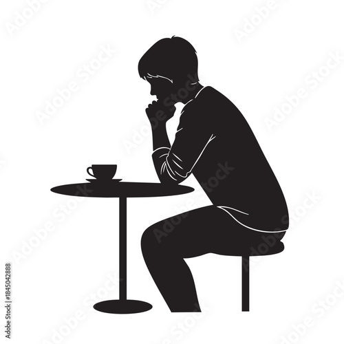 Man sitting at a table with a cup of coffee silhouette isolated on white background. Person contemplative with chin on hand.