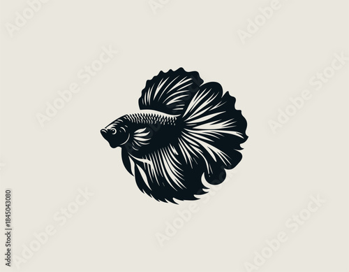 Elegant monstera leaf and betta fish combination represents nature harmony in a modern black vector logo illustration