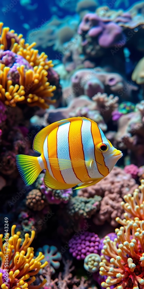 Obraz premium Vibrant yellow and white striped fish swimming amidst colorful coral reef, HD, wildlife