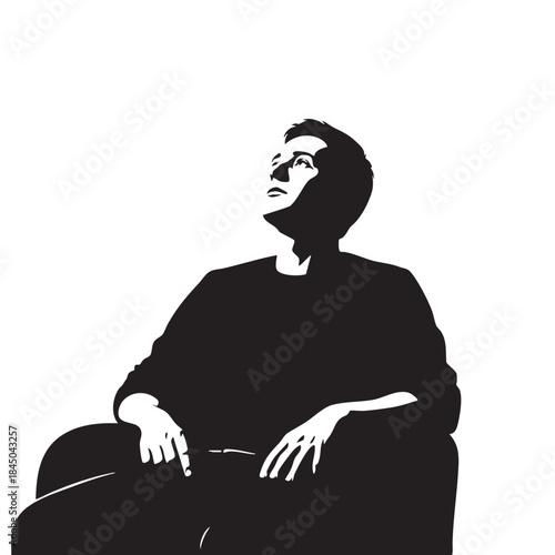 Black silhouette of a man sitting in a chair, looking upwards with a pensive expression, conveying thought, introspection, and contemplation.