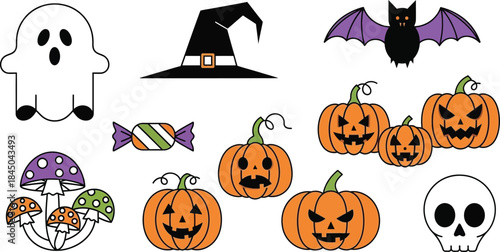 Set of halloween greeting card designs with textured grainy modern illustrations featuring ghost pattern, stack of pumpkins, night cemetery and cute spider,